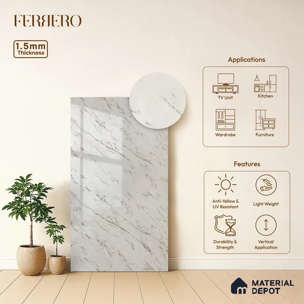 Cream Marble Acrylic Laminate LM 24634 8 ft x 4 ft High Gloss Finish - 1.5 mm | Suitable for TV Unit, Wardrobe, Cabinets