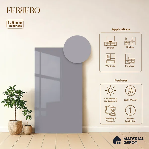 Muted Violet Solid Color Acrylic Laminate LM 24635 8 ft x 4 ft High Gloss Finish - 1.5 mm | Matching Edgeband code - EB 02096 | Suitable for Living Room, Kitchen, Office