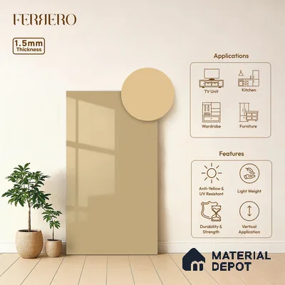 Warm Beige Solid Color Acrylic Laminate LM 24636 8 ft x 4 ft High Gloss Finish - 1.5 mm | Matching Edgeband code - EB 02095 | Suitable for Living Room, Kitchen, Office