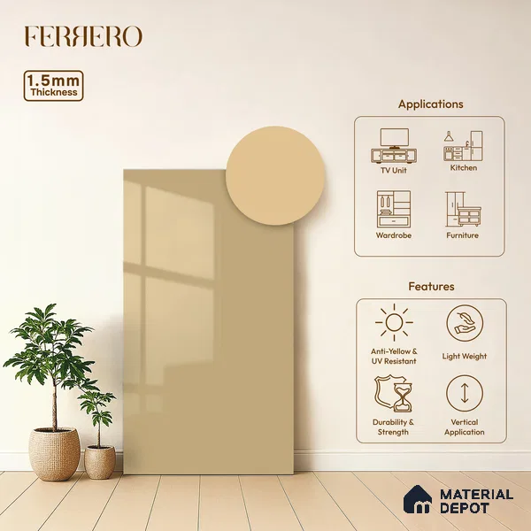 Warm Beige Solid Color Acrylic Laminate LM 24636 8 ft x 4 ft High Gloss Finish - 1.5 mm | Matching Edgeband code - EB 02095 | Suitable for Living Room, Kitchen, Office
