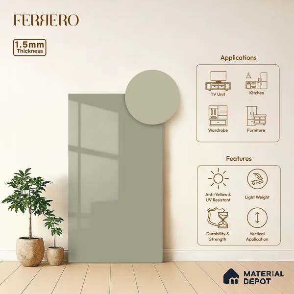 Warm Beige Solid Color Acrylic Laminate LM 24637 8 ft x 4 ft High Gloss Finish - 1.5 mm | Matching Edgeband code - EB 02097 | Suitable for Living Room, Kitchen, Office