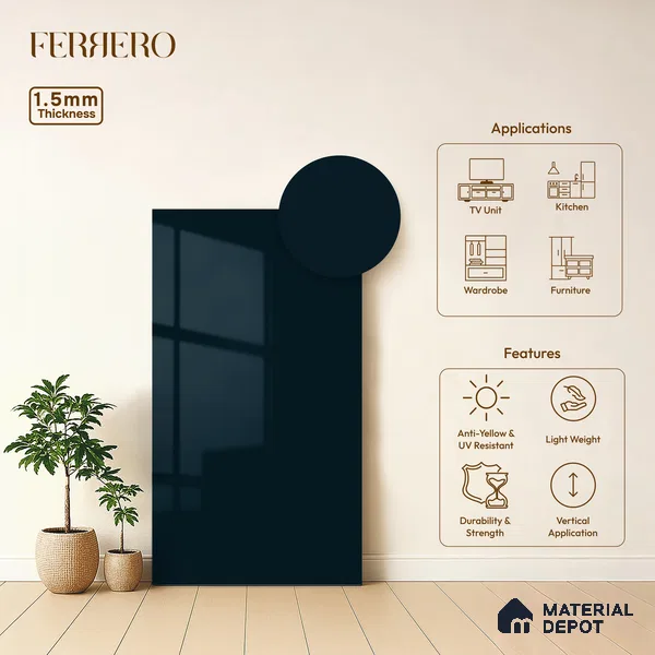 Midnight Blue Solid Color Acrylic Laminate LM 24638 8 ft x 4 ft High Gloss Finish - 1.5 mm | Matching Edgeband code - EB 02098 | Suitable for Living Room, Kitchen, Office