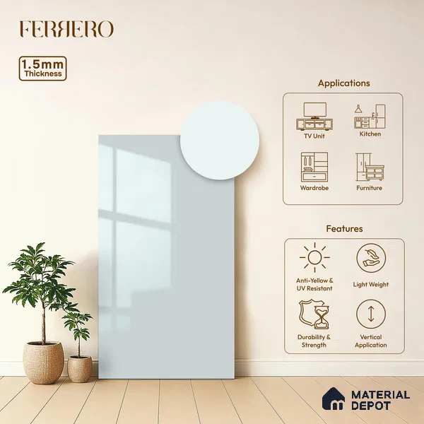 Powder Blue Solid Color Acrylic Laminate LM 24639 8 ft x 4 ft High Gloss Finish - 1.5 mm | Matching Edgeband code - EB 02099 | Suitable for Living Room, Kitchen, Office