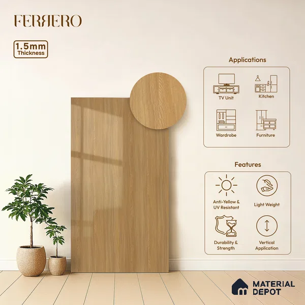Wooden Look Acrylic Laminate LM 24640 8 ft x 4 ft High Gloss Finish - 1.5 mm | Suitable for TV Unit, Wardrobe, Cabinets