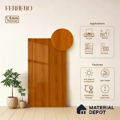 Wooden Look Acrylic Laminate LM 24643 8 ft x 4 ft High Gloss Finish - 1.5 mm | Suitable for TV Unit, Wardrobe, Cabinets