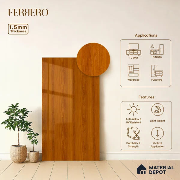Wooden Look Acrylic Laminate LM 24643 8 ft x 4 ft High Gloss Finish - 1.5 mm | Suitable for TV Unit, Wardrobe, Cabinets