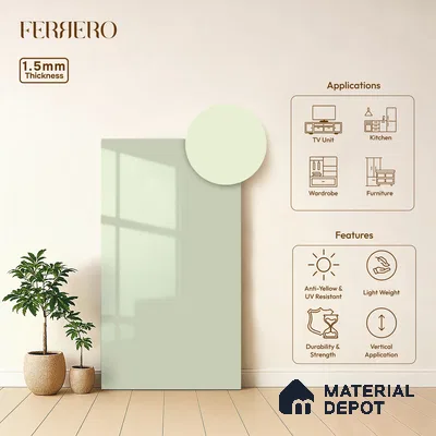 Pale Mint Green Solid Color Acrylic Laminate LM 24646 8 ft x 4 ft High Gloss Finish - 1.5 mm | Matching Edgeband code - EB 02077 | Suitable for Living Room, Kitchen, Office