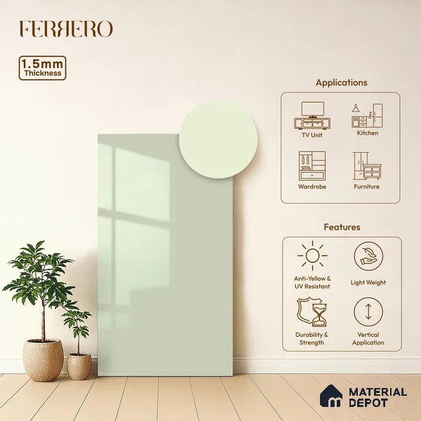 Pale Mint Green Solid Color Acrylic Laminate LM 24646 8 ft x 4 ft High Gloss Finish - 1.5 mm | Matching Edgeband code - EB 02077 | Suitable for Living Room, Kitchen, Office