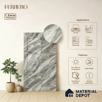 Grey Marble Acrylic Laminate LM 24305 8 ft x 4 ft High Gloss Finish - 1.5 mm | Suitable for TV Unit, Wardrobe, Cabinets
