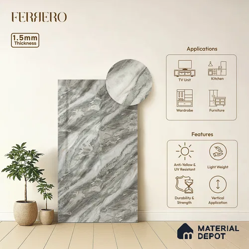 Grey Marble Acrylic Laminate LM 24305 8 ft x 4 ft High Gloss Finish - 1.5 mm | Suitable for TV Unit, Wardrobe, Cabinets | Image 01