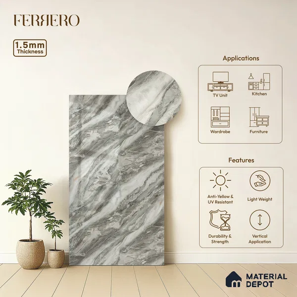 Grey Marble Acrylic Laminate LM 24305 8 ft x 4 ft High Gloss Finish - 1.5 mm | Suitable for TV Unit, Wardrobe, Cabinets