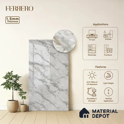Grey Marble Acrylic Laminate LM 24306 8 ft x 4 ft High Gloss Finish - 1.5 mm | Suitable for TV Unit, Wardrobe, Cabinets