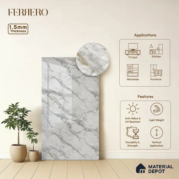 Grey Marble Acrylic Laminate LM 24306 8 ft x 4 ft High Gloss Finish - 1.5 mm | Suitable for TV Unit, Wardrobe, Cabinets