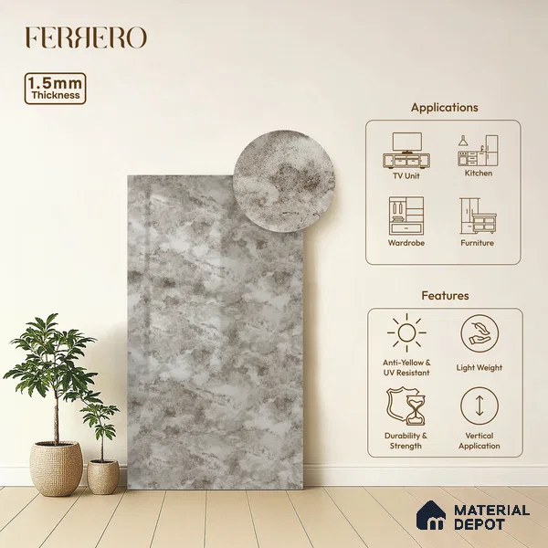White Marble Acrylic Laminate LM 24307 8 ft x 4 ft High Gloss Finish - 1.5 mm | Suitable for TV Unit, Wardrobe, Cabinets