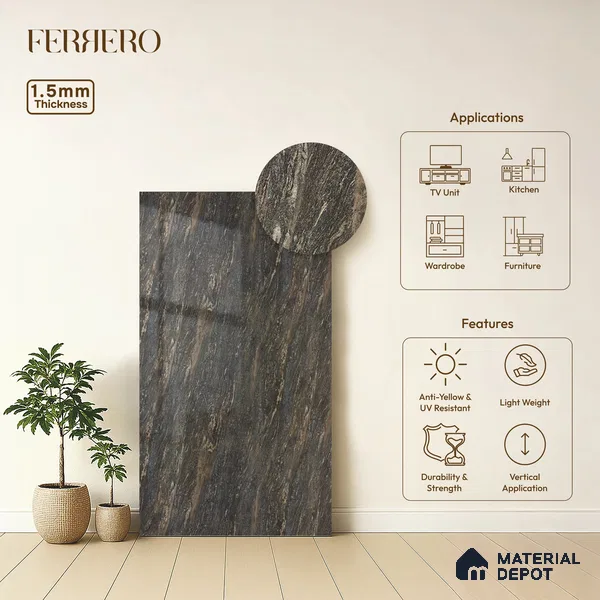Brown Marble Acrylic Laminate LM 24308 8 ft x 4 ft High Gloss Finish - 1.5 mm | Suitable for TV Unit, Wardrobe, Cabinets