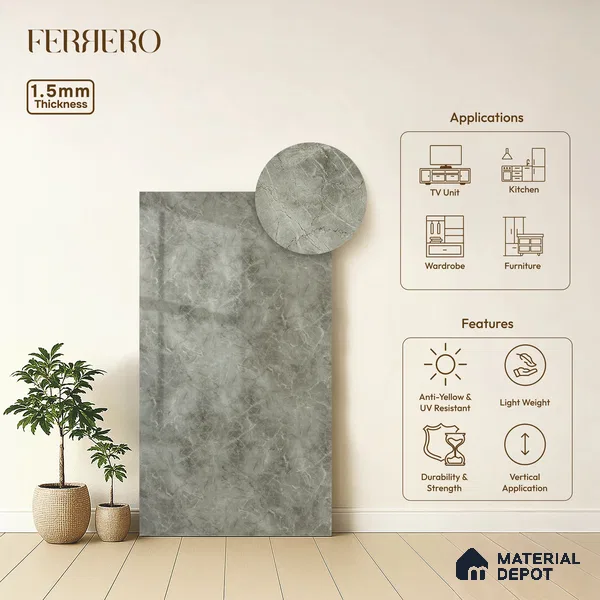 Grey Marble Acrylic Laminate LM 24309 8 ft x 4 ft High Gloss Finish - 1.5 mm | Suitable for TV Unit, Wardrobe, Cabinets