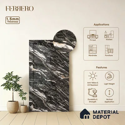 Black Marble Acrylic Laminate LM 24310 8 ft x 4 ft High Gloss Finish - 1.5 mm | Suitable for TV Unit, Wardrobe, Cabinets