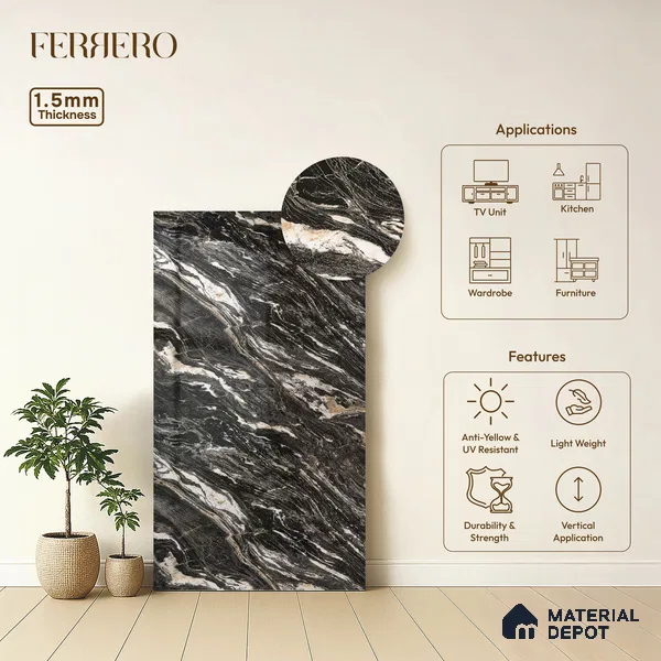 Black Marble Acrylic Laminate LM 24310 8 ft x 4 ft High Gloss Finish - 1.5 mm | Suitable for TV Unit, Wardrobe, Cabinets