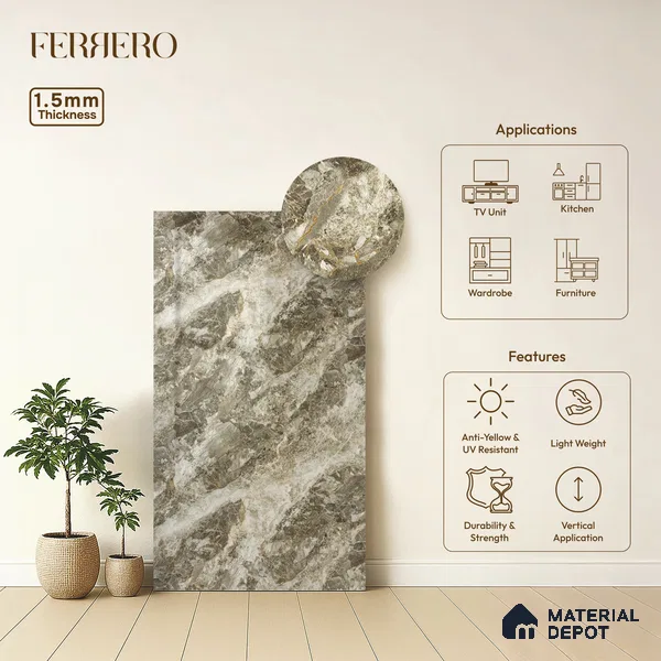 Brown Marble Acrylic Laminate LM 24313 8 ft x 4 ft High Gloss Finish - 1.5 mm | Suitable for TV Unit, Wardrobe, Cabinets