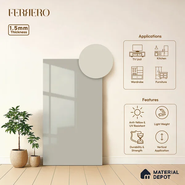 Soft White Solid Color Acrylic Laminate LM 24325 8 ft x 4 ft High Gloss Finish - 1.5 mm | Matching Edgeband code - EB 02116 | Suitable for Living Room, Kitchen, Office