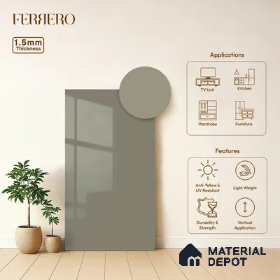 Warm Grey Solid Color Acrylic Laminate LM 24330 8 ft x 4 ft High Gloss Finish - 1.5 mm | Matching Edgeband code - EB 02120 | Suitable for TV Unit, Wardrobe, Cabinets