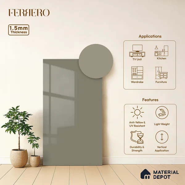 Warm Grey Solid Color Acrylic Laminate LM 24330 8 ft x 4 ft High Gloss Finish - 1.5 mm | Matching Edgeband code - EB 02120 | Suitable for TV Unit, Wardrobe, Cabinets