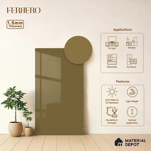 Olive Brown Solid Color Acrylic Laminate LM 24331 8 ft x 4 ft High Gloss Finish - 1.5 mm | Matching Edgeband code - EB 02121 | Suitable for Living Room, Kitchen, Office