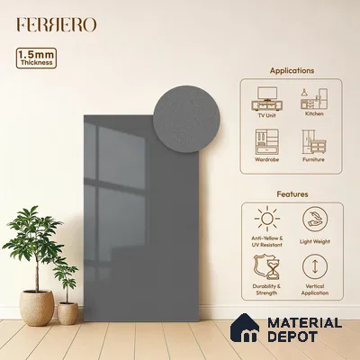 Charcoal Grey Solid Color Acrylic Laminate LM 24338 8 ft x 4 ft High Gloss Finish - 1.5 mm | Matching Edgeband code - EB 02128 | Suitable for Living Room, Kitchen, Office