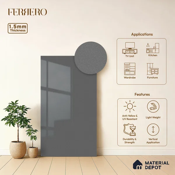 Charcoal Grey Solid Color Acrylic Laminate LM 24338 8 ft x 4 ft High Gloss Finish - 1.5 mm | Matching Edgeband code - EB 02128 | Suitable for Living Room, Kitchen, Office