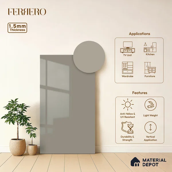 Warm Ivory Solid Color Acrylic Laminate LM 24345 8 ft x 4 ft High Gloss Finish - 1.5 mm | Matching Edgeband code - EB 02129 | Suitable for Living Room, Kitchen, Office