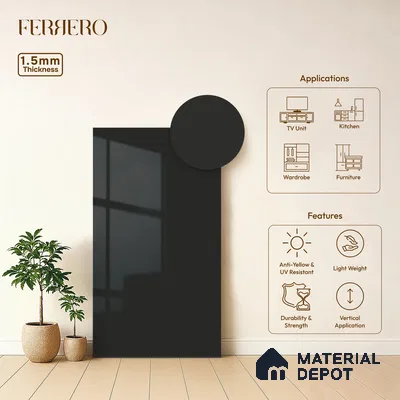Jet Black Solid Color Acrylic Laminate LM 24350 8 ft x 4 ft High Gloss Finish - 1.5 mm | Matching Edgeband code - EB 02132 | Suitable for Living Room, Kitchen, Office