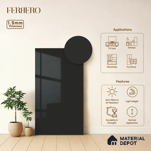 Jet Black Solid Color Acrylic Laminate LM 24350 8 ft x 4 ft High Gloss Finish - 1.5 mm | Matching Edgeband code - EB 02132 | Suitable for Living Room, Kitchen, Office