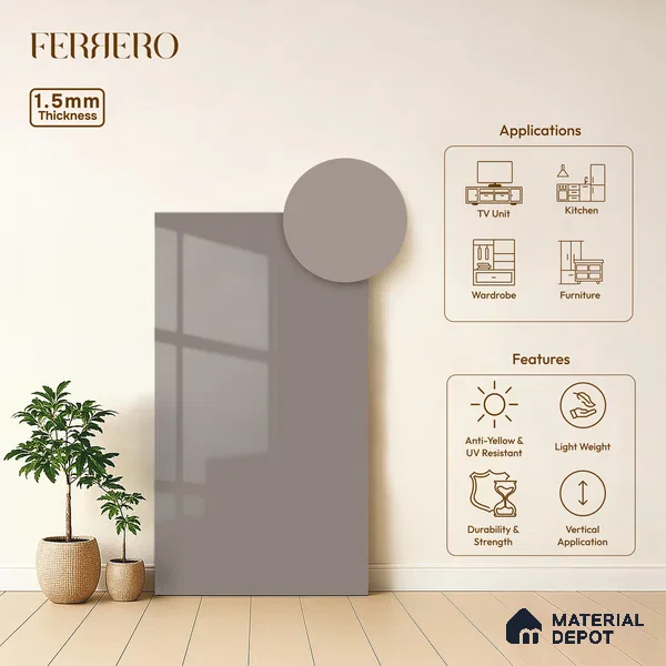 Taupe Purple Solid Color Acrylic Laminate LM 24355 8 ft x 4 ft High Gloss Finish - 1.5 mm | Matching Edgeband code - EB 02133 | Suitable for Living Room, Kitchen, Office