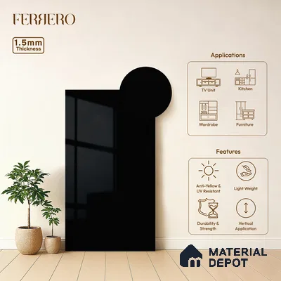 Jet Black Solid Color Acrylic Laminate LM 24358 8 ft x 4 ft High Gloss Finish - 1.5 mm | Matching Edgeband code - EB 02134 | Suitable for Living Room, Kitchen, Office