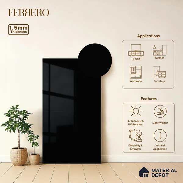 Jet Black Solid Color Acrylic Laminate LM 24358 8 ft x 4 ft High Gloss Finish - 1.5 mm | Matching Edgeband code - EB 02134 | Suitable for Living Room, Kitchen, Office