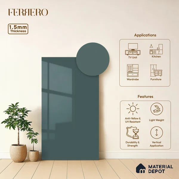 Slate Blue Solid Color Acrylic Laminate LM 24361 8 ft x 4 ft High Gloss Finish - 1.5 mm | Matching Edgeband code - EB 02136 | Suitable for Living Room, Kitchen, Office