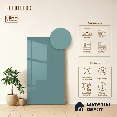 Muted Teal Blue Solid Color Acrylic Laminate LM 24362 8 ft x 4 ft High Gloss Finish - 1.5 mm | Matching Edgeband code - EB 02137 | Suitable for Living Room, Kitchen, Office