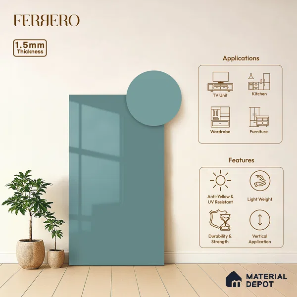 Muted Teal Blue Solid Color Acrylic Laminate LM 24362 8 ft x 4 ft High Gloss Finish - 1.5 mm | Matching Edgeband code - EB 02137 | Suitable for Living Room, Kitchen, Office