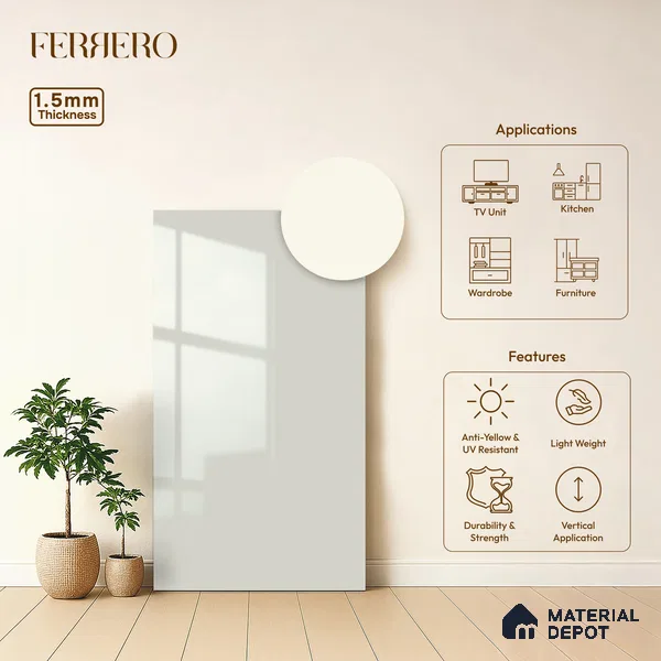 Solid White Solid Color Acrylic Laminate LM 24522 8 ft x 4 ft High Gloss Finish - 1.5 mm | Matching Edgeband code - EB 02076 | Suitable for Living Room, Kitchen, Office
