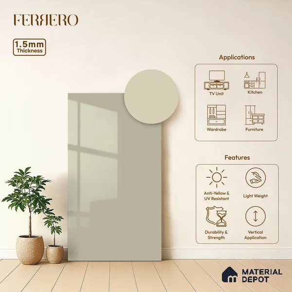 Warm Beige Solid Color Acrylic Laminate LM 24526 8 ft x 4 ft High Gloss Finish - 1.5 mm | Matching Edgeband code - EB 02087 | Suitable for Living Room, Kitchen, Office