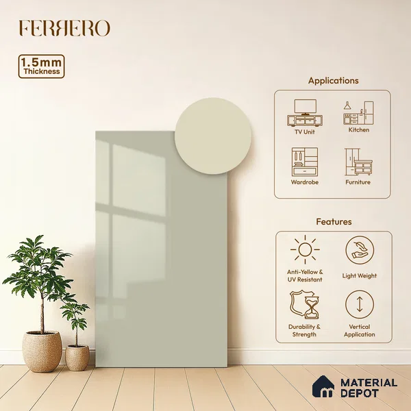 Soft Cream Solid Color Acrylic Laminate LM 24527 8 ft x 4 ft High Gloss Finish - 1.5 mm | Matching Edgeband code - EB 02079 | Suitable for Living Room, Kitchen, Office