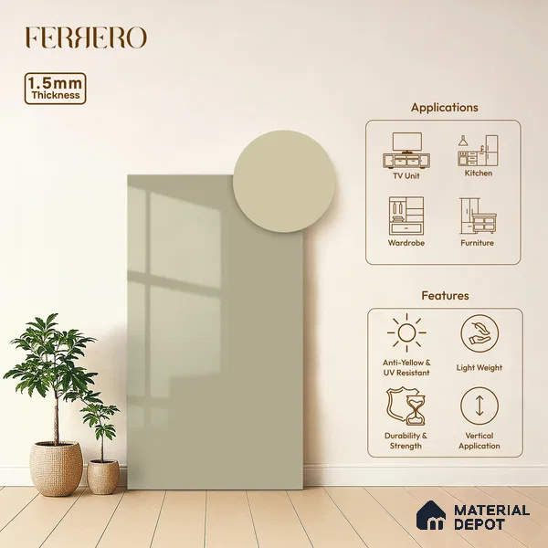 Warm Beige Solid Color Acrylic Laminate LM 24528 8 ft x 4 ft High Gloss Finish - 1.5 mm | Matching Edgeband code - EB 02071 | Suitable for Living Room, Kitchen, Office