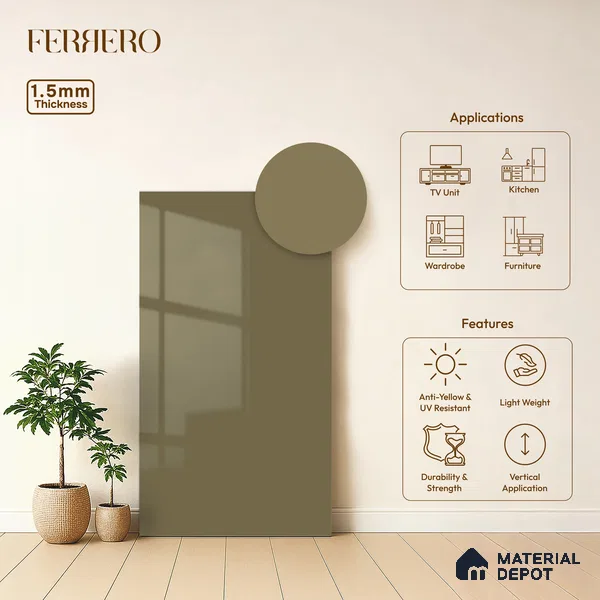 Olive Brown Solid Color Acrylic Laminate LM 24529 8 ft x 4 ft High Gloss Finish - 1.5 mm | Matching Edgeband code - EB 02083 | Suitable for Living Room, Kitchen, Office