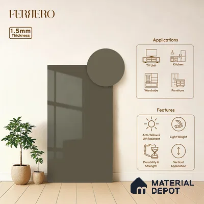 Musk Grey Solid Color Acrylic Laminate LM 24530 8 ft x 4 ft High Gloss Finish - 1.5 mm | Matching Edgeband code - EB 02092 | Suitable for Living Room, Kitchen, Office