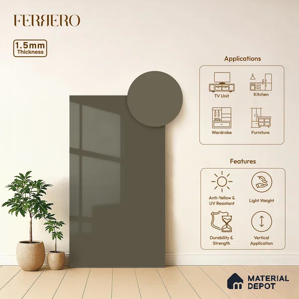 Musk Grey Solid Color Acrylic Laminate LM 24530 8 ft x 4 ft High Gloss Finish - 1.5 mm | Matching Edgeband code - EB 02092 | Suitable for Living Room, Kitchen, Office