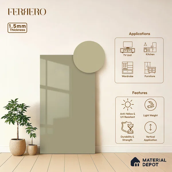 Warm Cream Solid Color Acrylic Laminate LM 24531 8 ft x 4 ft High Gloss Finish - 1.5 mm | Matching Edgeband code - EB 02080 | Suitable for Living Room, Kitchen, Office