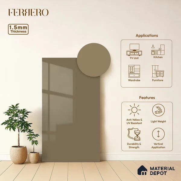 Warm Beige Solid Color Acrylic Laminate LM 24532 8 ft x 4 ft High Gloss Finish - 1.5 mm | Matching Edgeband code - EB 02082 | Suitable for Living Room, Kitchen, Office