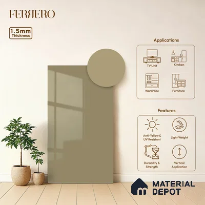 Warm Taupe Beige Solid Color Acrylic Laminate LM 24533 8 ft x 4 ft High Gloss Finish - 1.5 mm | Matching Edgeband code - EB 02081 | Suitable for Living Room, Kitchen, Office
