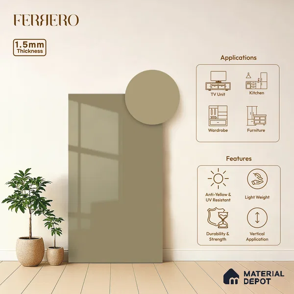 Warm Taupe Beige Solid Color Acrylic Laminate LM 24533 8 ft x 4 ft High Gloss Finish - 1.5 mm | Matching Edgeband code - EB 02081 | Suitable for Living Room, Kitchen, Office