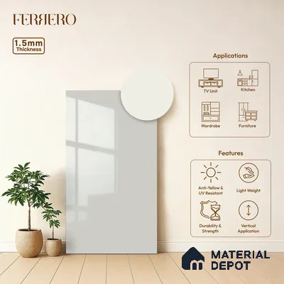 Ivory Solid Color Acrylic Laminate LM 24536 8 ft x 4 ft High Gloss Finish - 1.5 mm | Matching Edgeband code - EB 02085 | Suitable for Living Room, Kitchen, Office